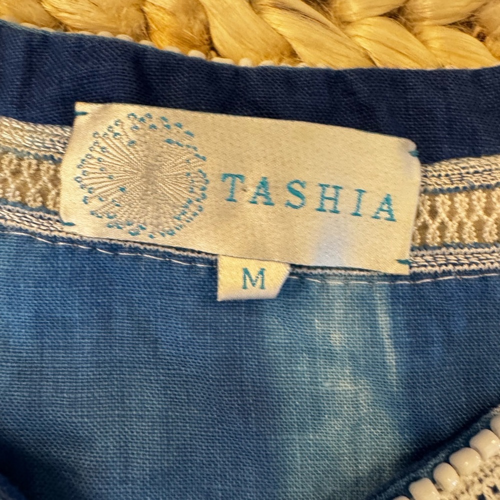 Tashia Shibori Blue & White Tie-Dye Embroidered + Beaded Linen Tunic, Medium - Picture 10 of 10